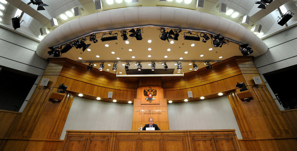 Министр иностранных дел Российской Федерации Сергей Лавров на пресс-конференции, посвящённой итогам деятельности российской дипломатии в 2014 году